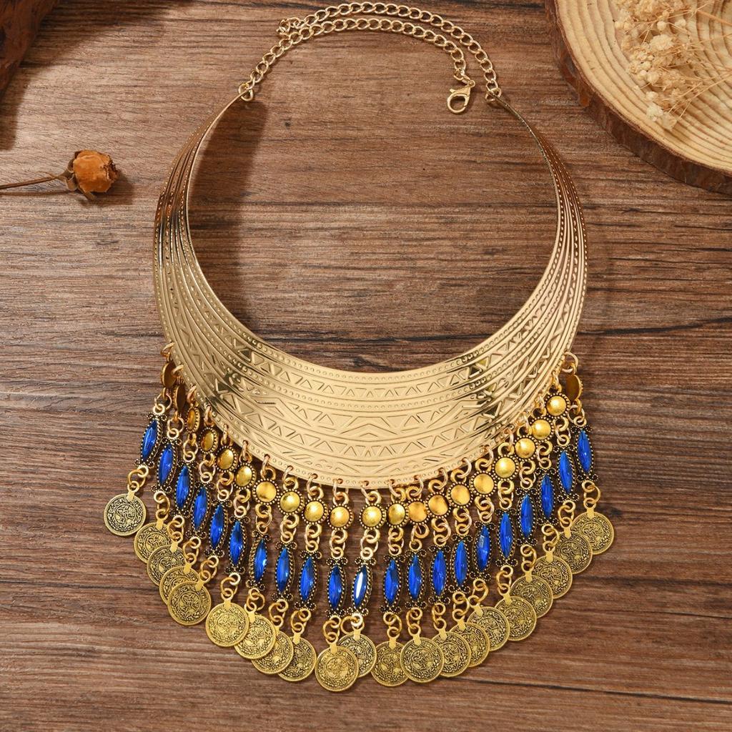 Multi-layer Tassel Inlaid with Diamonds Exaggerated Ethnic Style Pattern Collar Collar