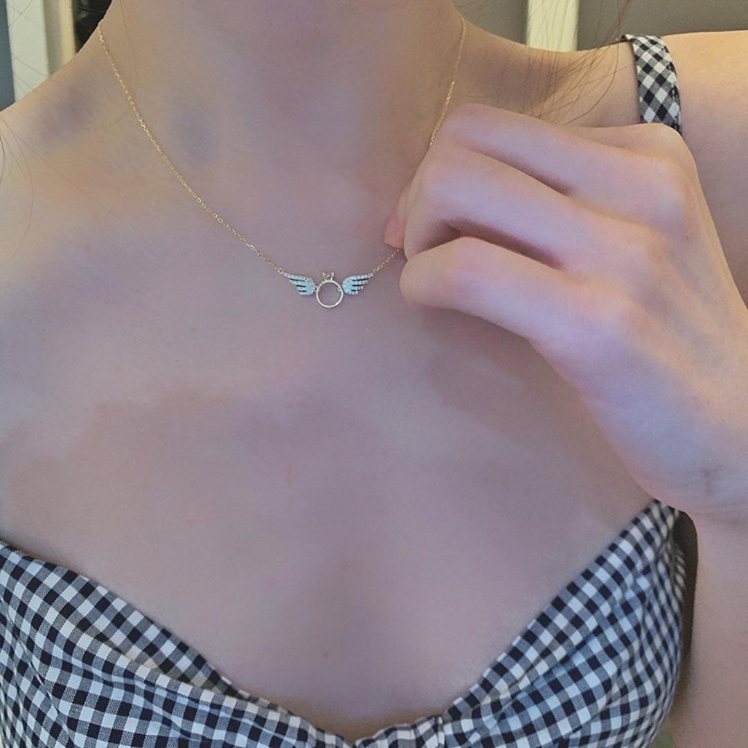 Korean version s925 sterling silver plated 14k gold wing necklace female collarbone chain angel neck chain loly niche design Internet celebrity (platinum color)