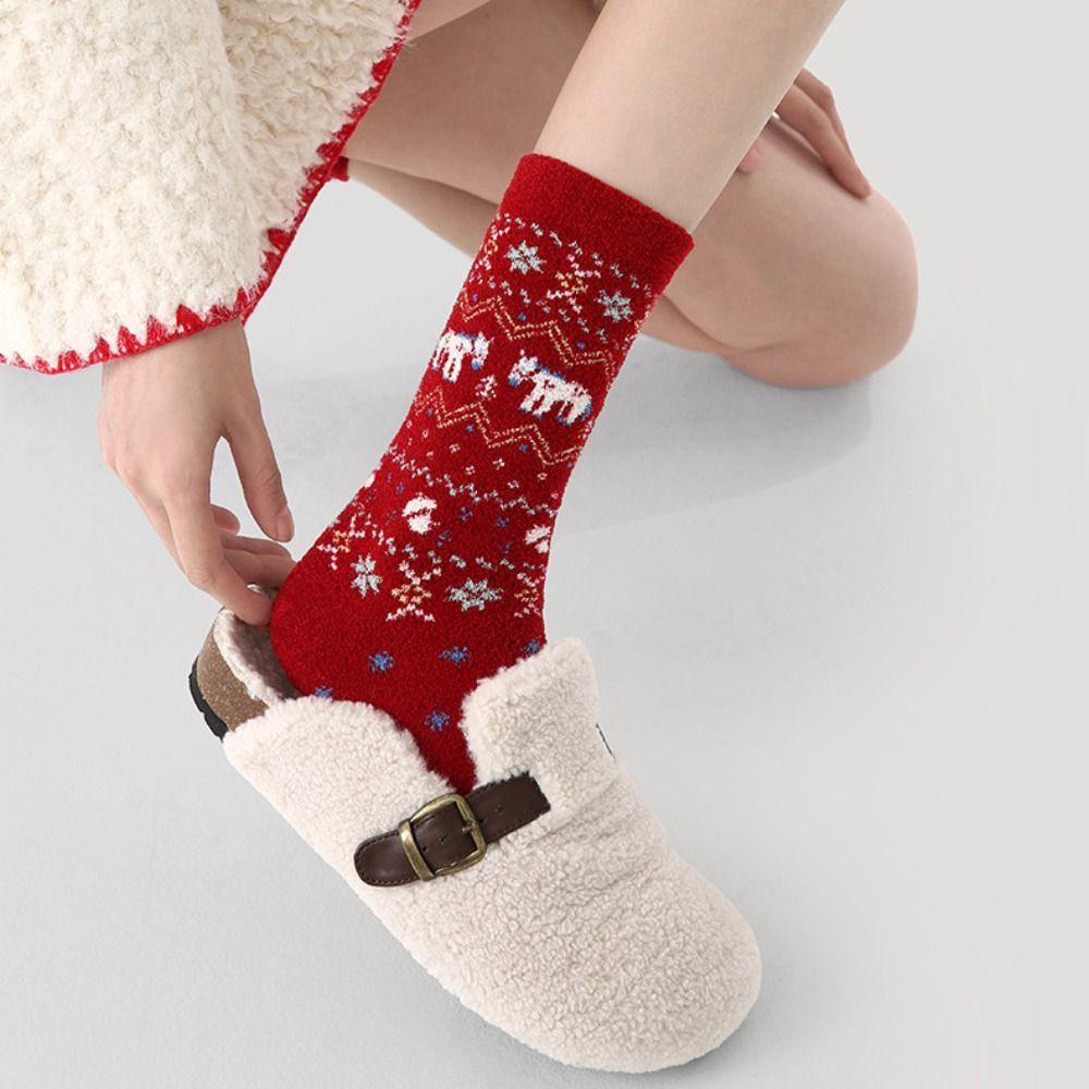 3 Pair Cotton Snow Boot Socks Knitted Middle Tube Socks Female Elastic Striped Socks New Year Gift