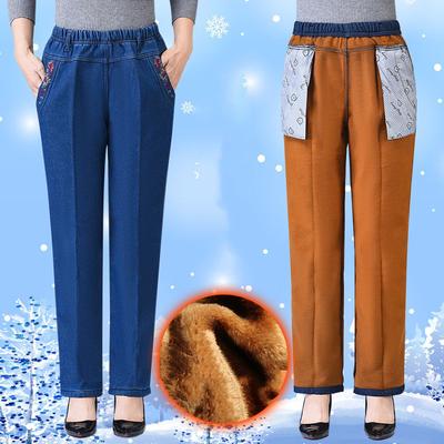 Damen Winterjeans Übergröße Freizeithose Elastische Taille Verwaschene warme Hose Schneejeans