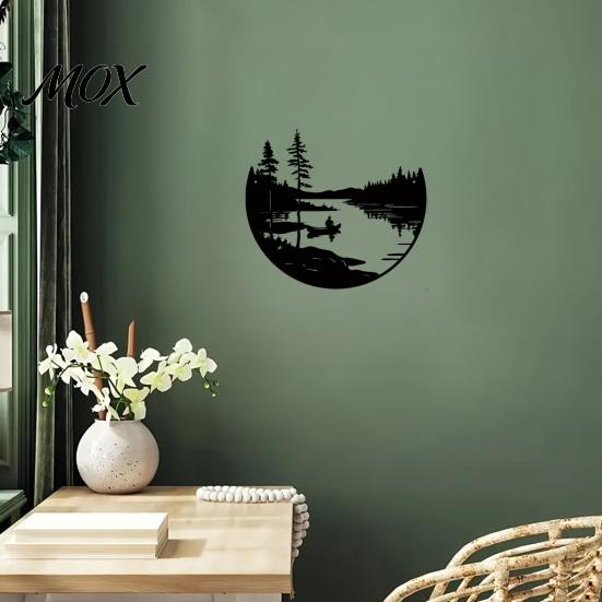 Wohnzimmer Wandbehang Kunst Runde Naturszene Eisenkunst, Waldsee Bootfahren Metalldekor, Wetterfeste Gartenornamente Rustikales Hintergrundornament