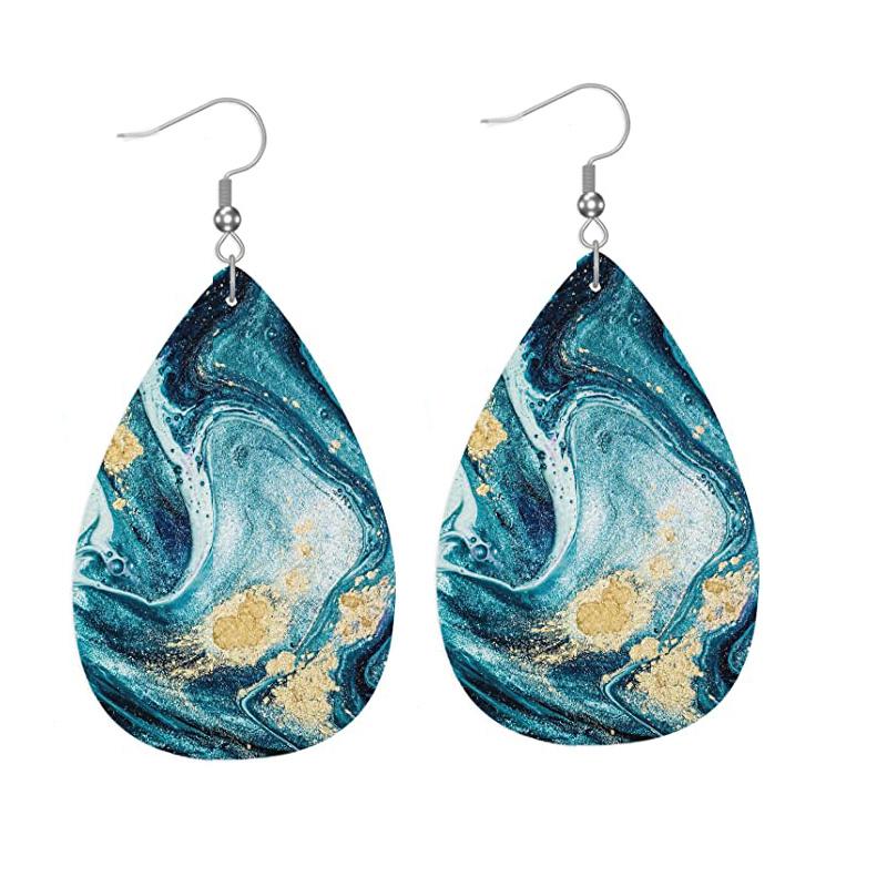Abstract Ocean Beach Marble Pattern PU Faux Leather Earrings Women's Classic Water Drop Earrings Lightweight Fashion Earrings