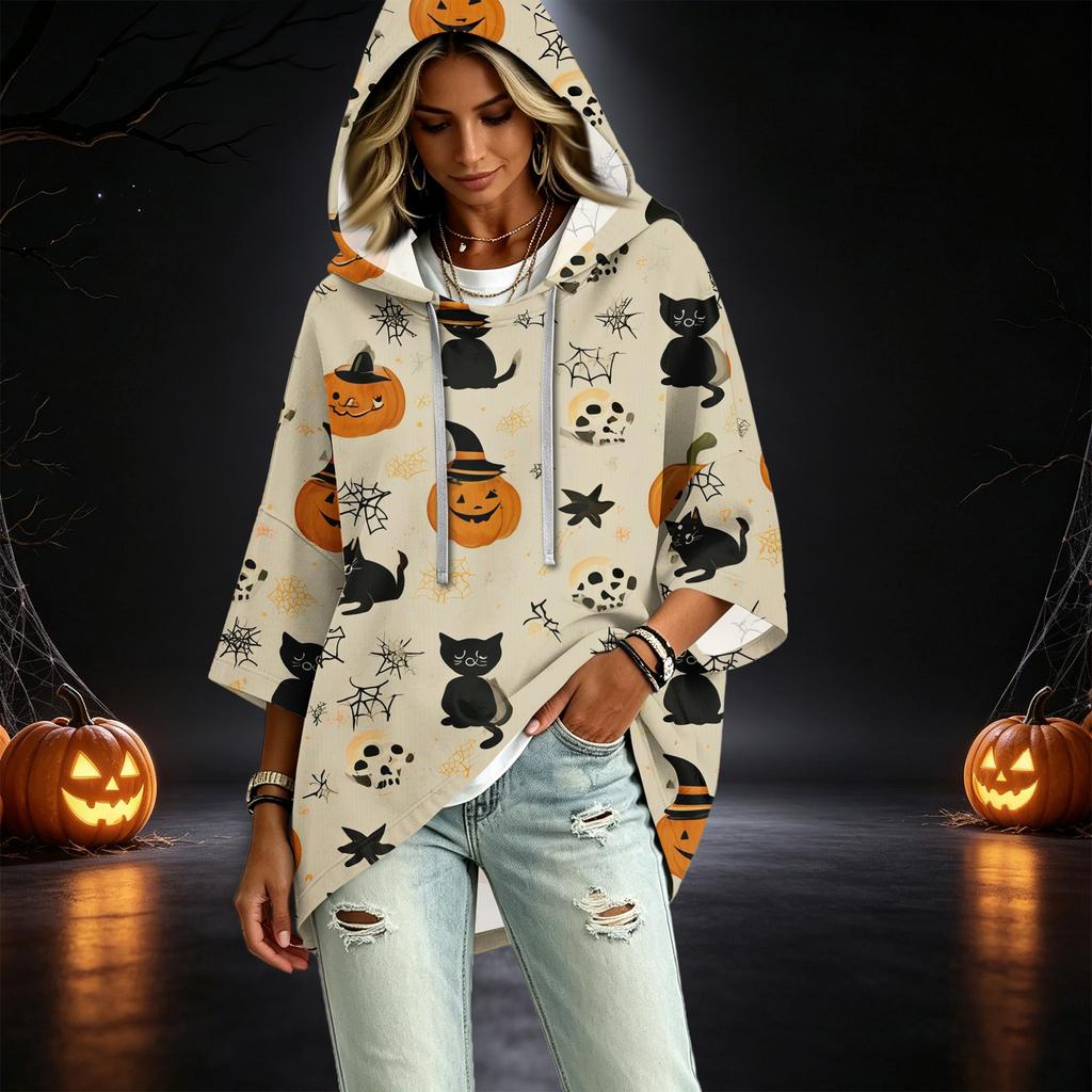 Women's 3/4 Sleeve Hooded Pullover Top with Halloween Print