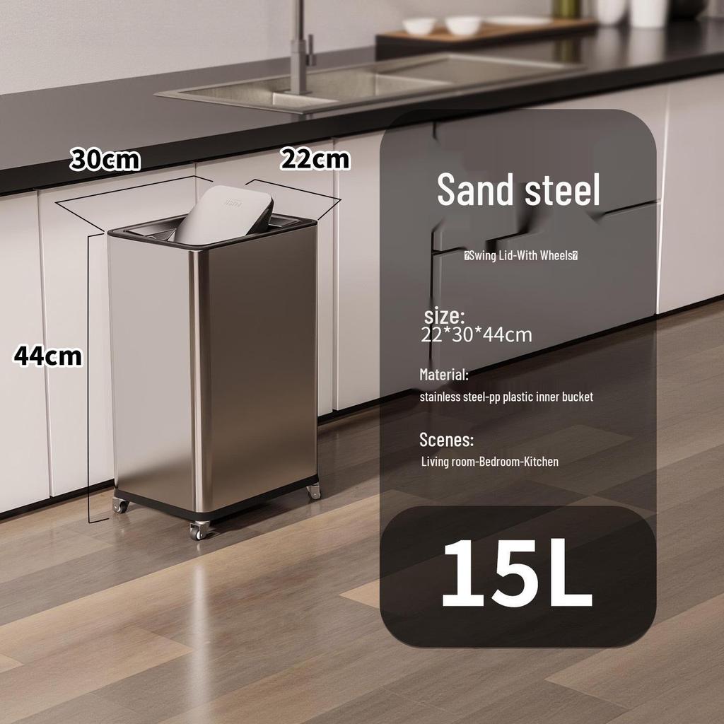 Einfacher Moderner Edelstahl-Mülleimer mit Rädern – Vertikaler Klappdeckel, Quadratisches Design für Küche & Wohnzimmer