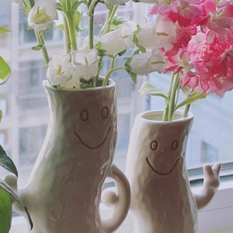Ästhetische Smiley-Gesicht Keramikvase, Niedliche Kreative Heimdeko Blumenvase für Wohnzimmer & Tischdekoration