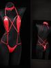 Role Play Lingerie Women's Sexy Mesh PU Leather Splicing See-through Slim Hanging Neck Free Temptation Erotic Open Anal Bodysuit