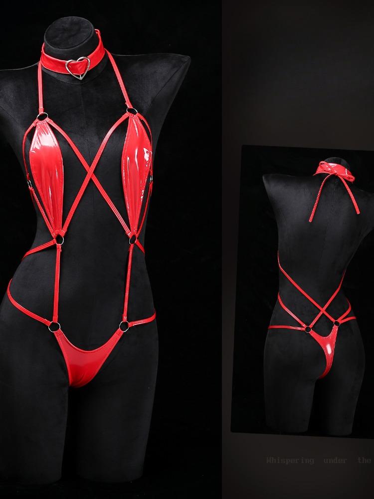 Role Play Lingerie Women's Sexy Mesh PU Leather Splicing See-through Slim Hanging Neck Free Temptation Erotic Open Anal Bodysuit
