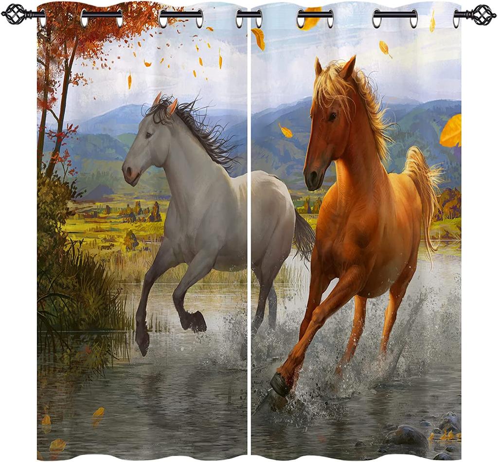 3D Print Pattern of Painting Art Horses Running On Forest River Creek Curtains 3D Print Window Curtains For Bedroom Living Room