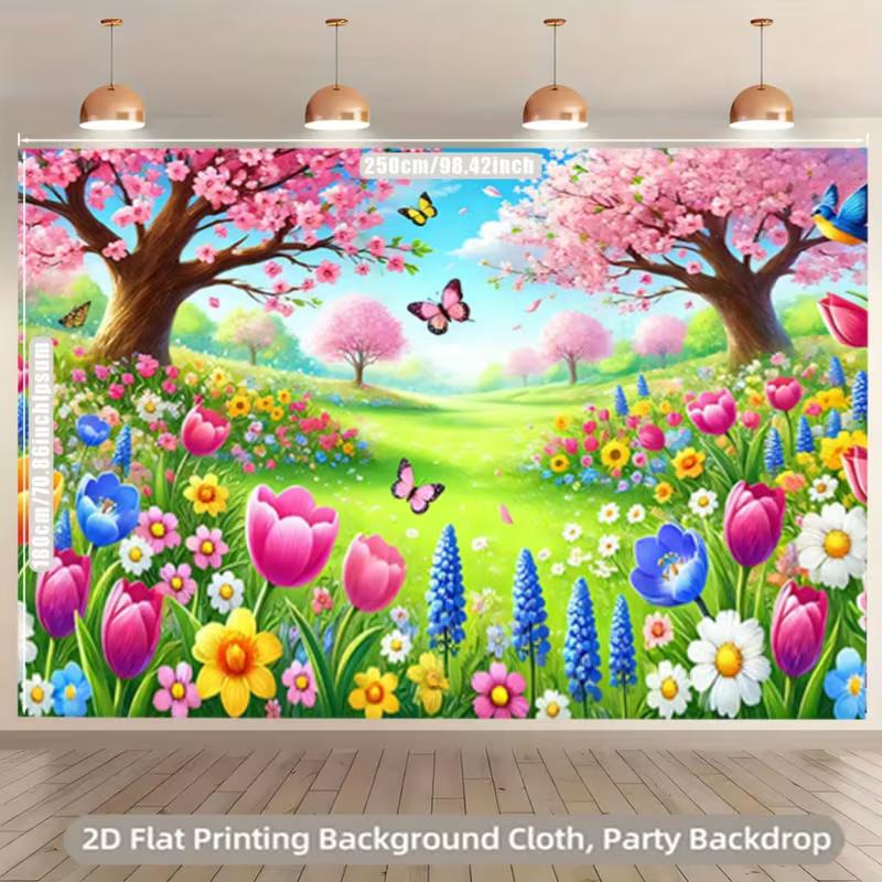 Cartoon Spring Cherry Blossom and Flower Backdrop Kids Party Photo Booth Background Banner