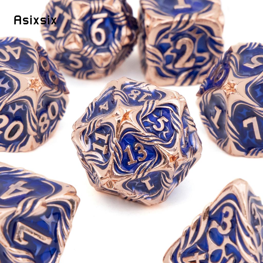 7 Pcs Yellow Blue Tree Vine Metal Dice Solid Metal Polyhedral Dice Set Suitable for Role-Playing RPG Board Game Dice RPG