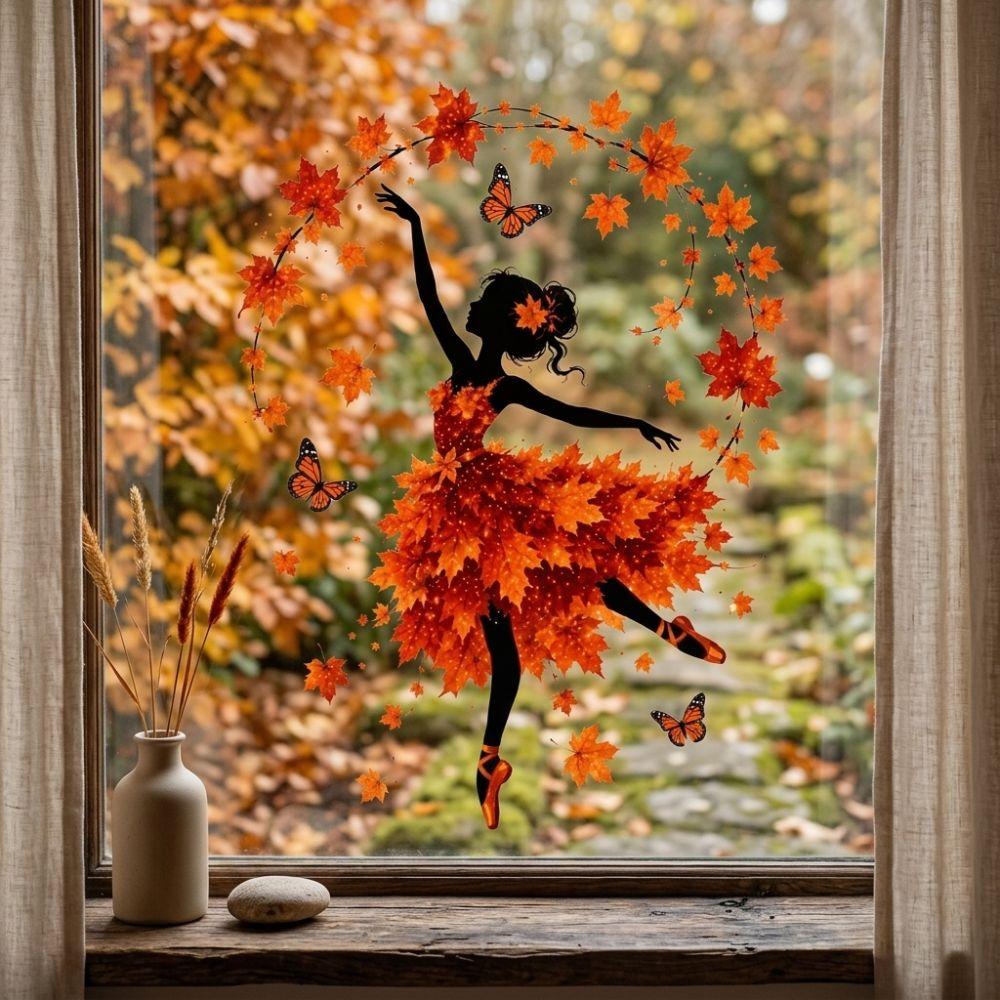 PVC Static Autumn Ballerina Window Cling Aesthetic Maple Leaf Butterfly Glass Decal Home Decor