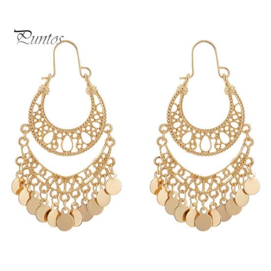 1 Pair Hanging Earrings Vintage Sequin Tassel U-shaped Hollow Out Exquisite Stainless Anti-allergy Bohemian Ethnic Party Prom Dangle Earrings