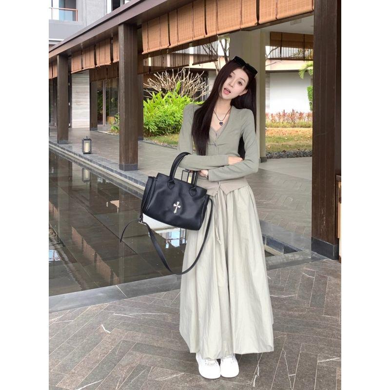 Kumikumi Design Temperament Fake Two Pieces Long Sleeve Knit Women Autumn High Waist Slimming Skirt Two-piece Set