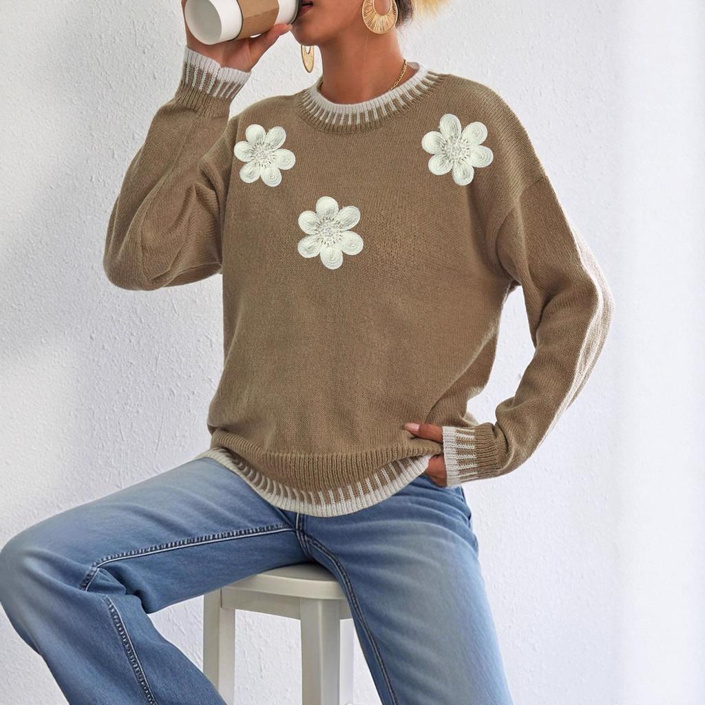 Color-blocking and Patchwork Casual Pullover Loose Sweater, Three-dimensional Flower Embroidery Beaded Women's Top