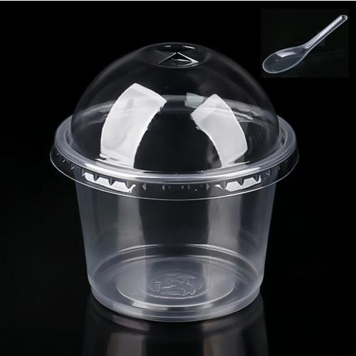 Set of 100 Disposable Dessert Cups with Lids, Large Capacity, Clear Plastic, for Pudding, Ice Cream, Jelly, and Sauces (Spherical Lid with Spoon, 300m
