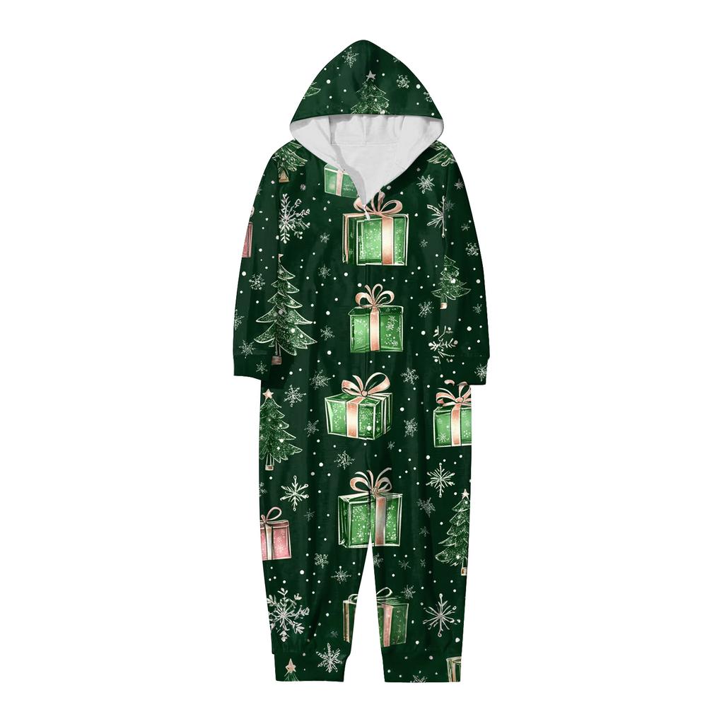 Christmas Print Family Matching Hooded Long Sleeved Zippered Jumpsuit Set