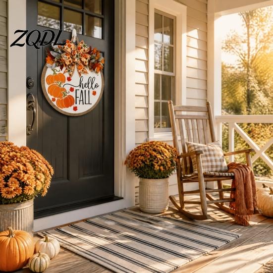 Harvest Festival Decor Hello Fall Door Hanger, Wooden Pumpkin Welcome Sign with Bow, Solid Wood Home Rustic Autumn Wreath for Thanksgiving Front Porch