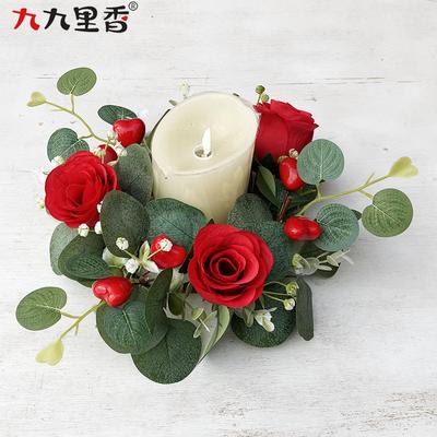 American Valentine'S Day Simulation Rose Wreath Candle Wreath Eucalyptus Wreath Love Heart Candlestick Wreath