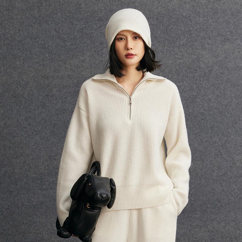 Women's Cashmere Zipper Sweater - Half-High Collar, Autumn/Winter Loose Knit, Casual Thick Outerwear