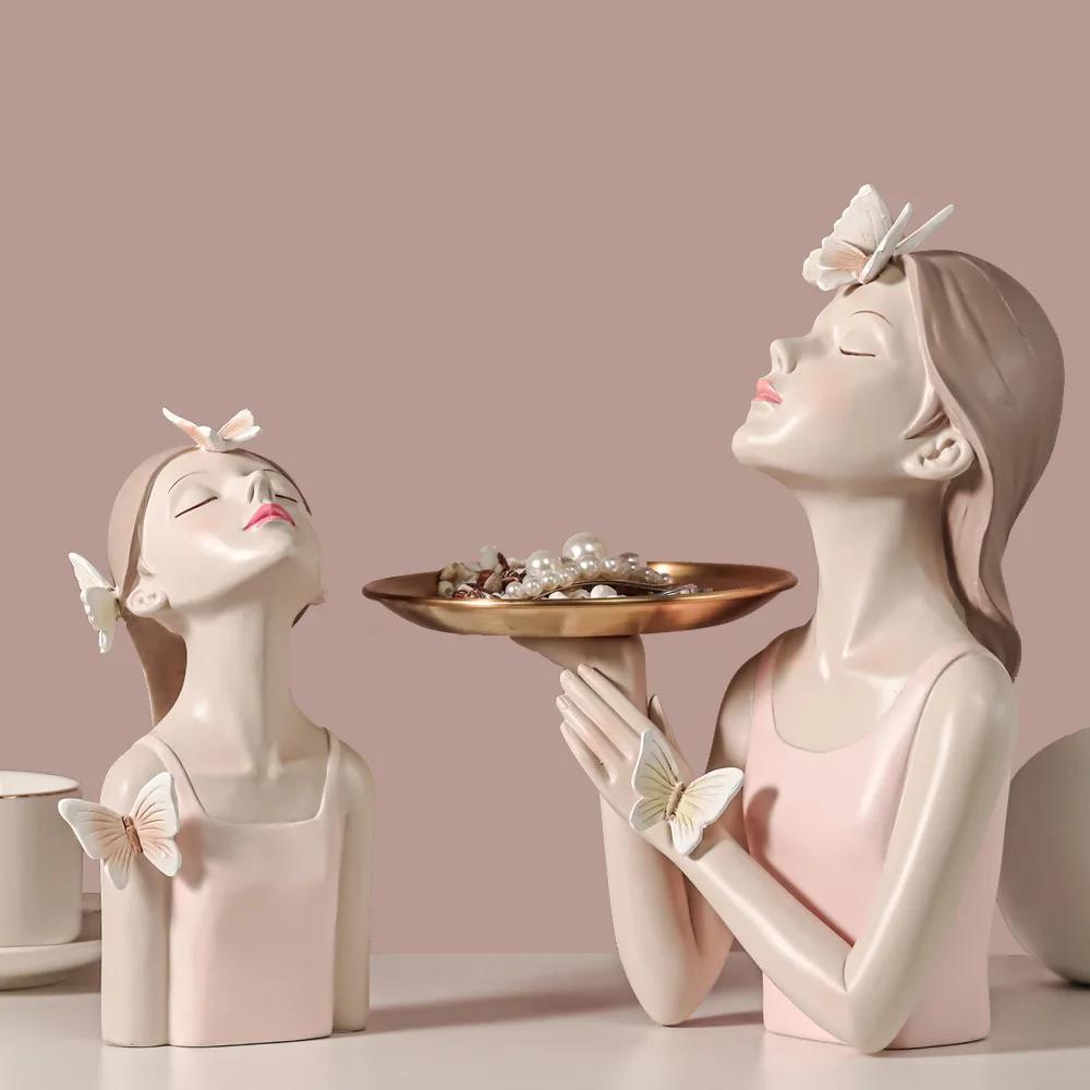 Nordic Butterfly Fairy girl resin decorated with metal trays, home decor accessories, Kawaii crafts statues, tabletop figurines