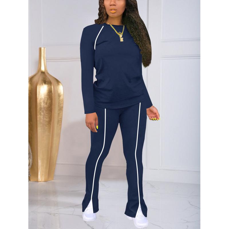 

Women s Plus Size Striped Two-Piece Set: Round Neck Long Sleeve Top and Long Pants XXL темно-синього кольору