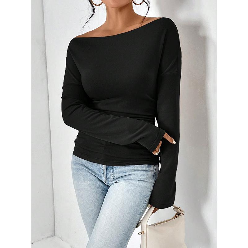 Sexy Off Shoulder Long Sleeve T Shirt Women Solid Color Casual Slim Top Lady Spring Autumn Basic Tees Korean Style Youth Blouses