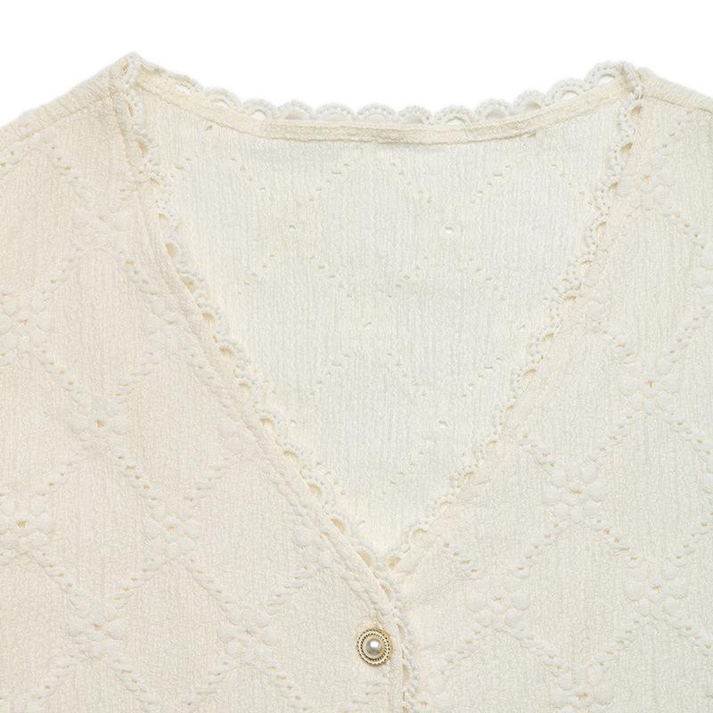 Haut d'été pour femme Style européen et américain 2026 Dentelle Col en V Jacquard Manches Courtes