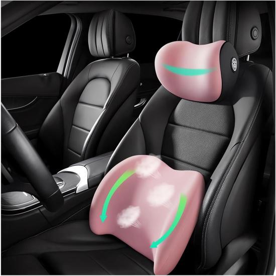 Car Headrest & Lumbar Support Cushion Ergonomic Car Seat Neck Back Rest Pillows Orthopedic Memory Foam Head Rest and Lower Lumbar Support Pillow Set