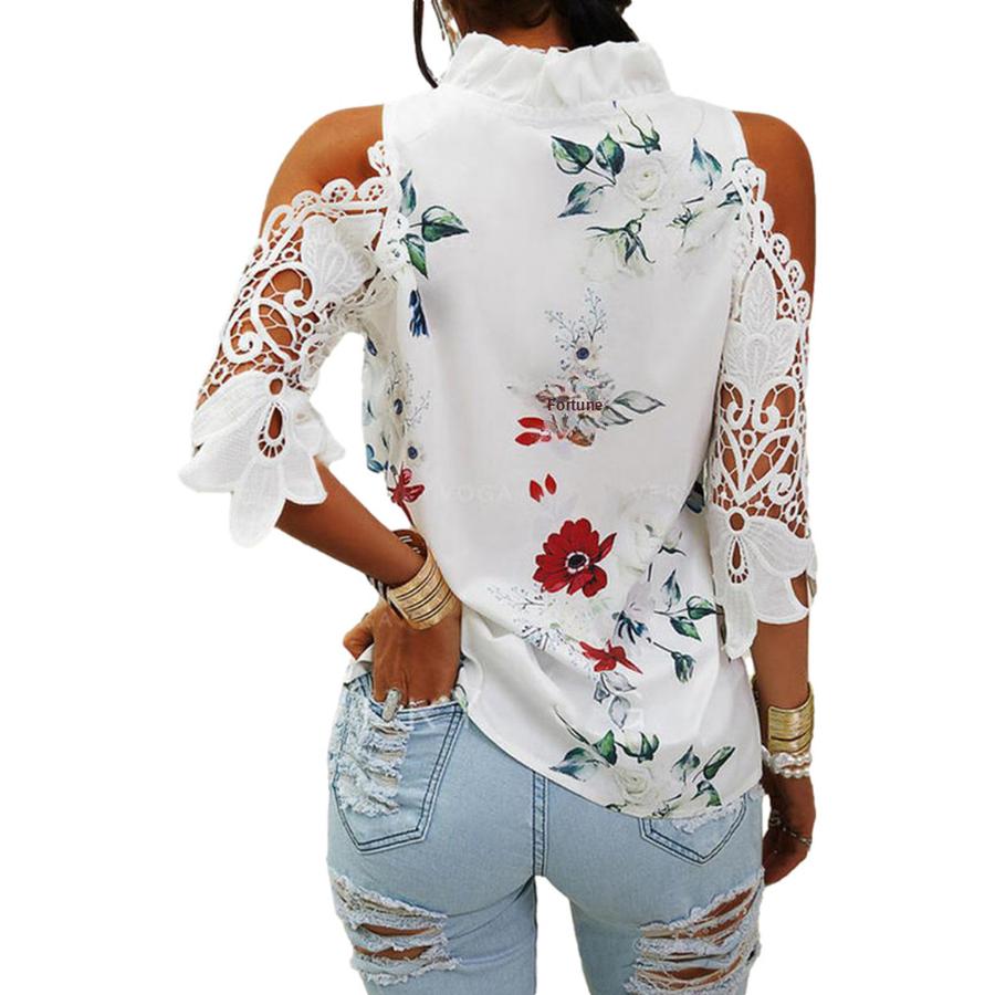 Summer New Women's Top Floral Print Off-Shoulder Lace Patchwork Long Sleeve T-Shirt for Women