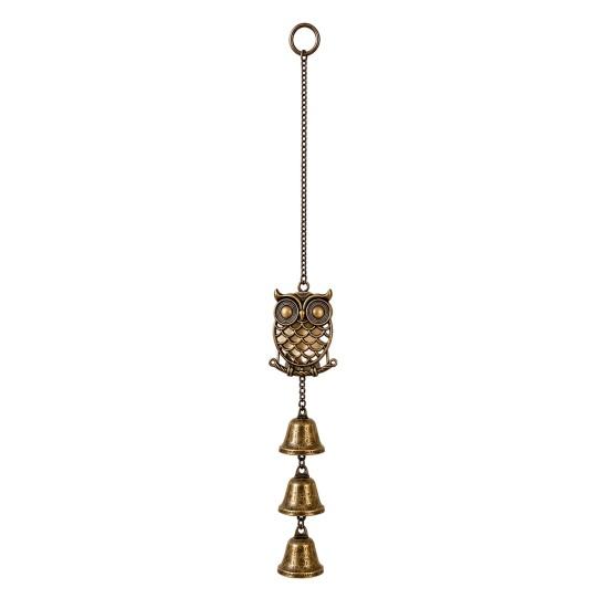 Pastoral Style Wind Bells Vintage Metal Owl Chime with 3 Bells, Hollow Hanging Ornament, Retro Bronze Ornaments Pendant for Garden Patio Balcony