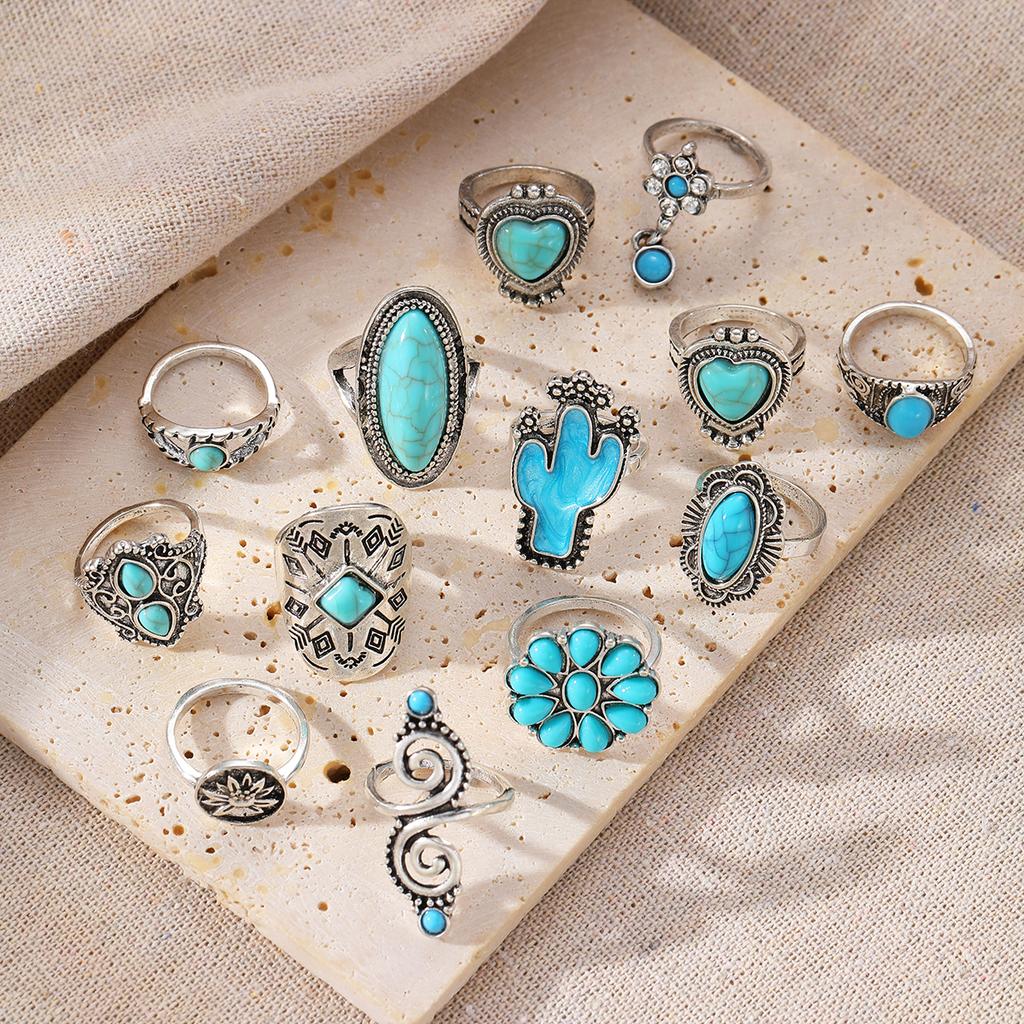 13 szt./zestaw Vintage Bohemia Turkusowy Zestaw Pierścionków dla Kobiet Kwiat Kaktus Serce Mieszany Styl Etniczne Pierścionki Modna Damska Biżuteria na Palce