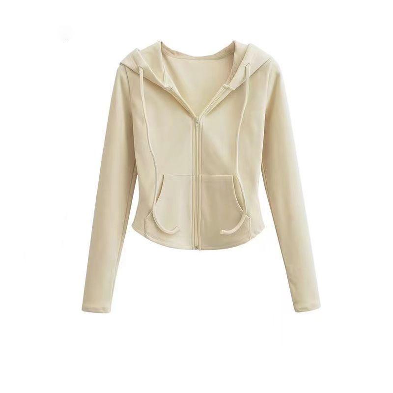 Women‘s Hooded Long Sleeve Slim Fit Zip Up Cardigan Solid Cropped Jacket Top