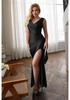Vestido Satinado de Color Sólido Europeo y Americano Delgado con Abertura y Diseño ceñidor de Cintura