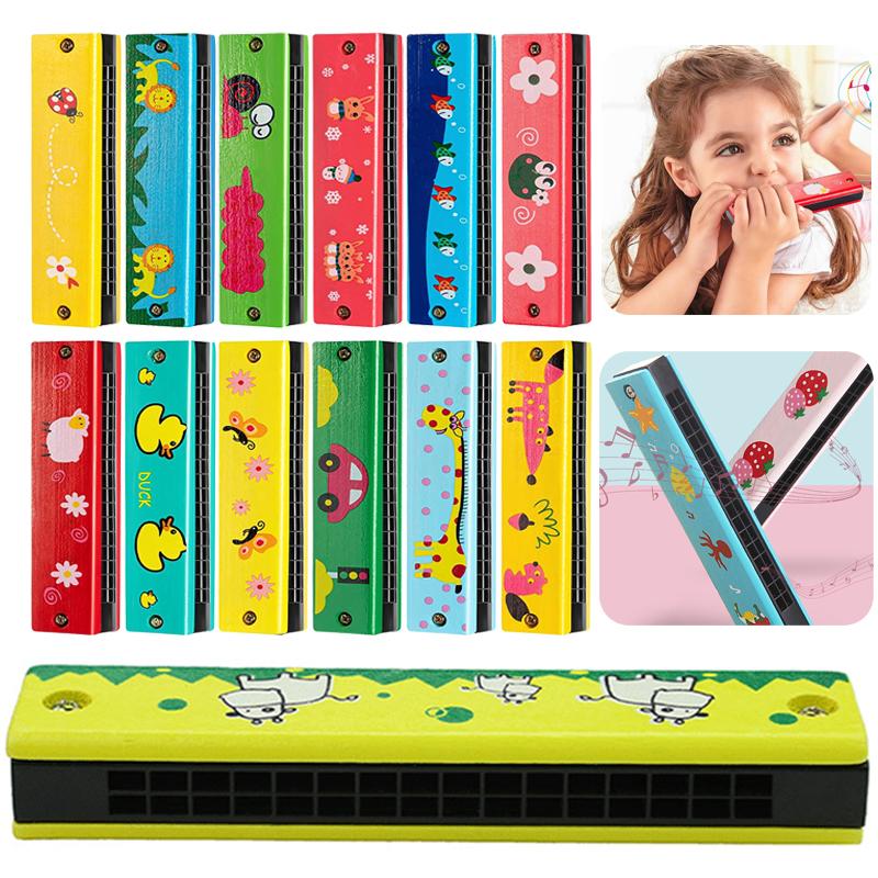 1~5pcs Children 16-Hole Wooden Harmonica Toys Early Educational Toys Music Enlightenment for Kids Gifts Animals Painted TMZ