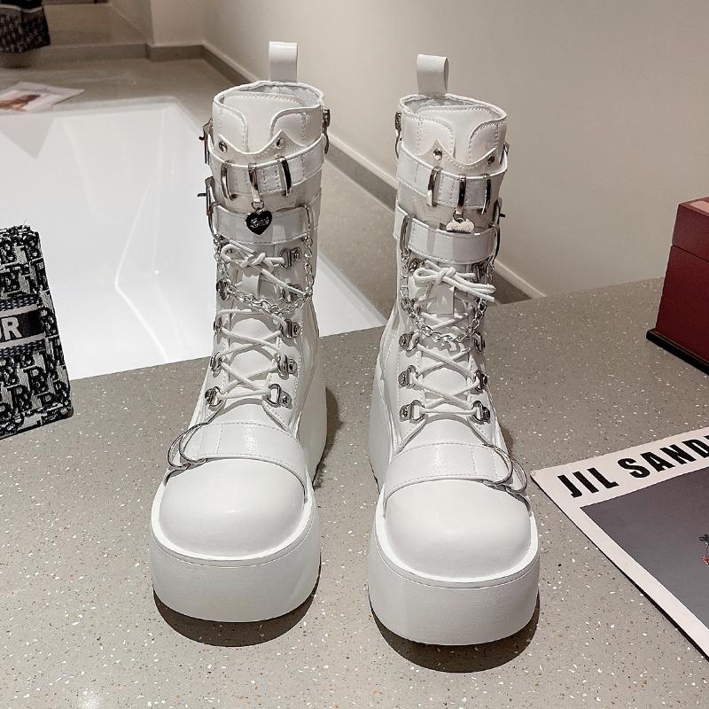 Fashion New Punk Women Platform Ankle Boots Female's Rock Round Toe Lace Up Zip Fashion Retro Chunky Shoes Metal Decor Short Boots