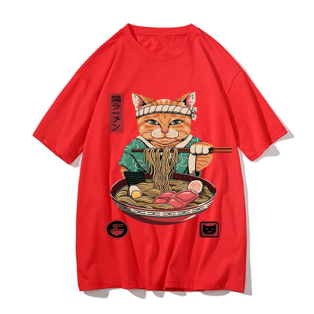 Cute Ramen T Shirts for Men Japanese Cat T-shirt Summer Cotton Short Sleeve Graphic T Shirts Unisex Clothing Cartoon
