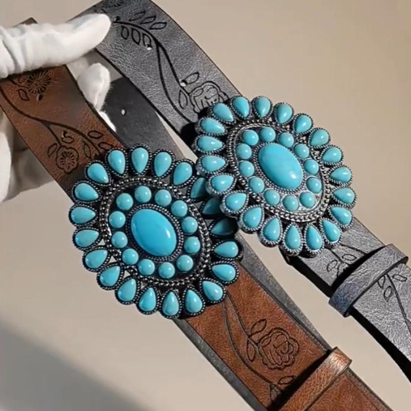 Ladies Wear The Classic Western Belt Embossed Pu Leather Bohemian Style Oval Turquoise Buckle Waist Band
