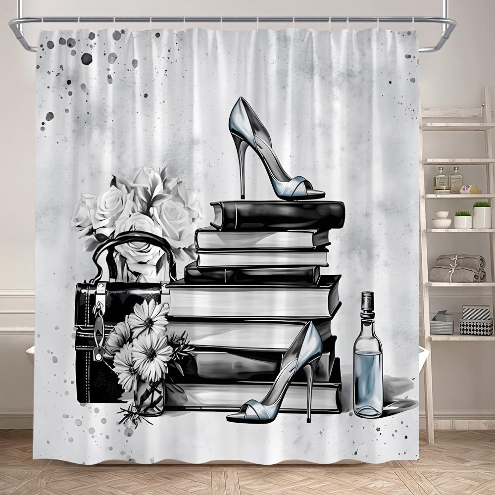 

1pc Fashion Women Shower Curtain Make Up Grey Black Flower Books High Heels Romantic Elegant Perfume Vintage Cosmetic Charming 90x180cm