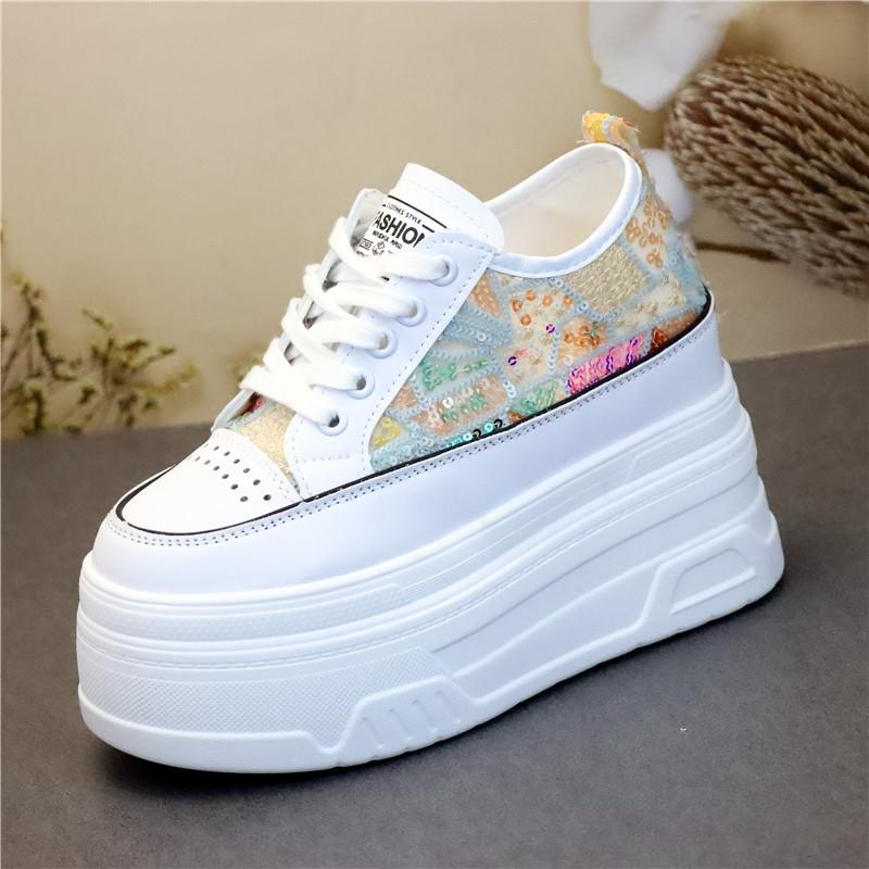 Fashion 12CM Air Mesh Denim Genuine Leather Synthetic Loafer Vulcanize Chunky Sneaker Mixed Color Women Summer Moccasins Shoes