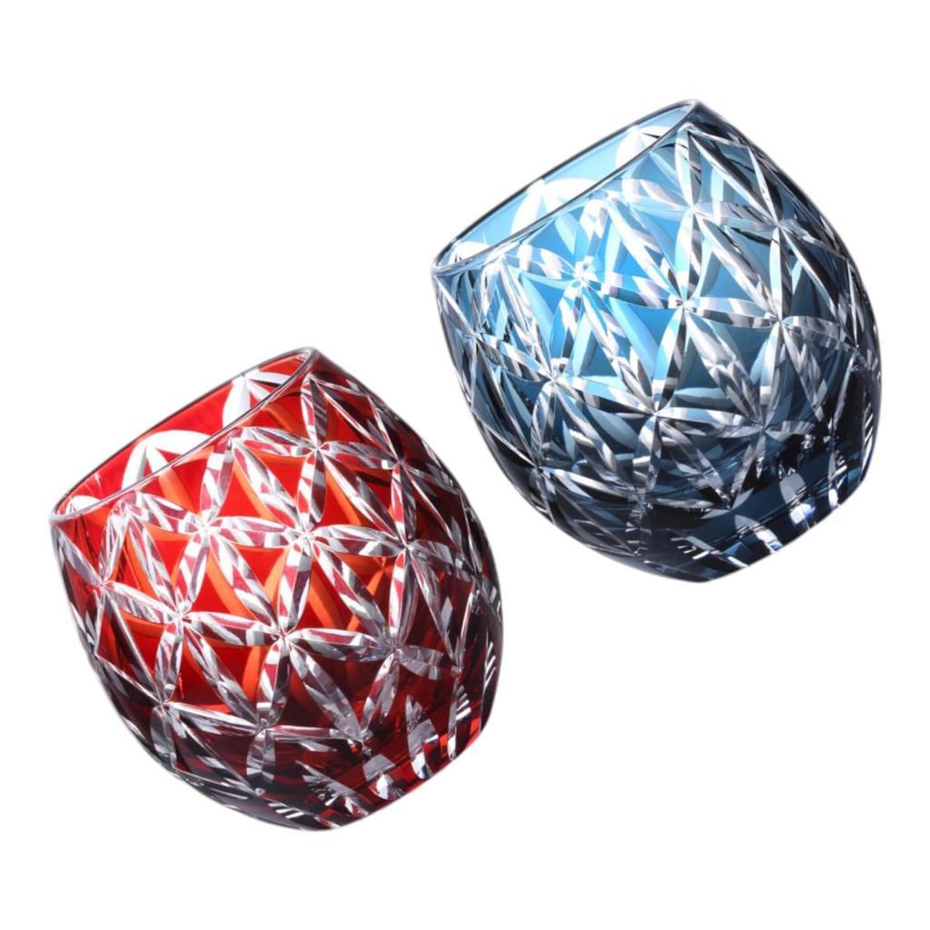 Dinner Luxe Cut Glass Pair Glass Cups 350cc Diamond Pattern Red Ink Blue Kouga Takumi-fu Egg-Shaped 6.9×8.9cm & PNO.332982