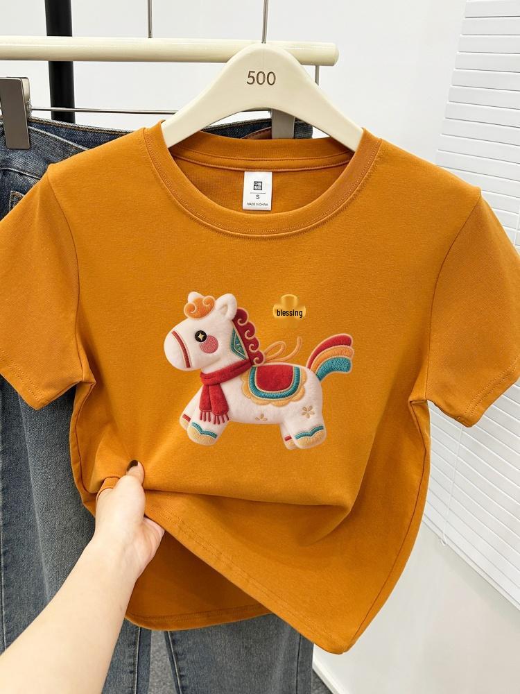 2026 Women's Plus Size T-shirt: Little Horse Print, Round Neck, Short Sleeve, Stylish, Tummy-Covering Design