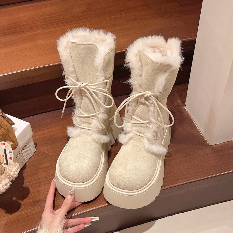 Winter Chunky Heel Women Fur Lining Snow Boots Concise Height Increase Shoes Ladies Comfort Warm Cotton Mid Calf Booties