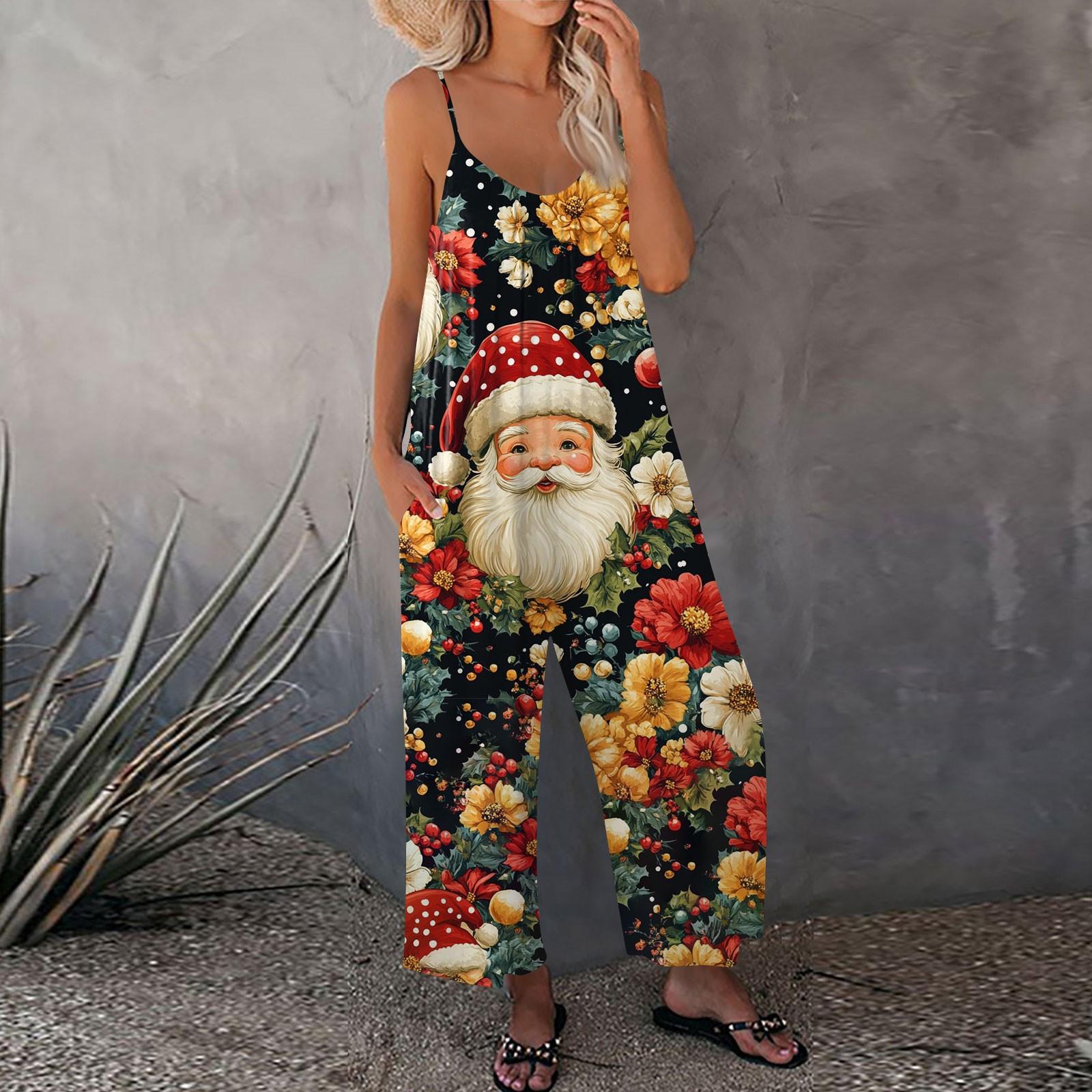 

Женский рождественский принтованный комбинезон, свободный, с регулируемыми подтяжками S