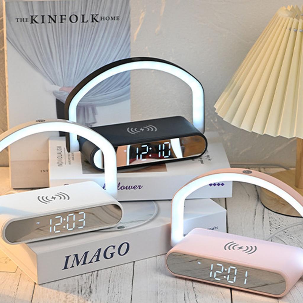 Wireless Charging Alarm Clock Two Levels Adjustment Night Light Multifunction Digital Alarm Clock for Bedroom