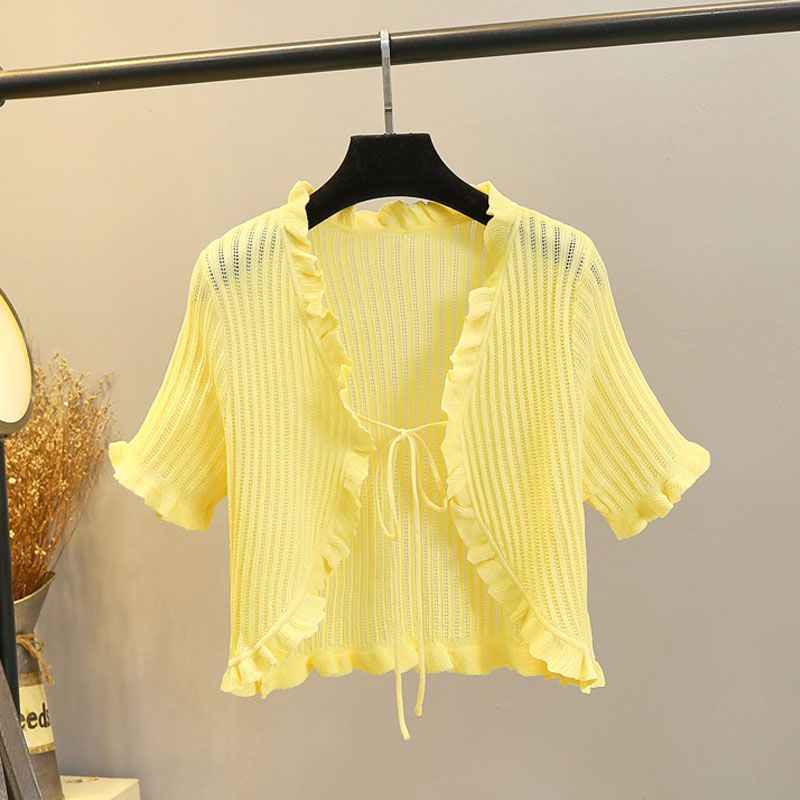 

Wooden Ear Ice Silk Sun Protection Suspender Skirt Shawl Cardigan Short-sleeved yellow L