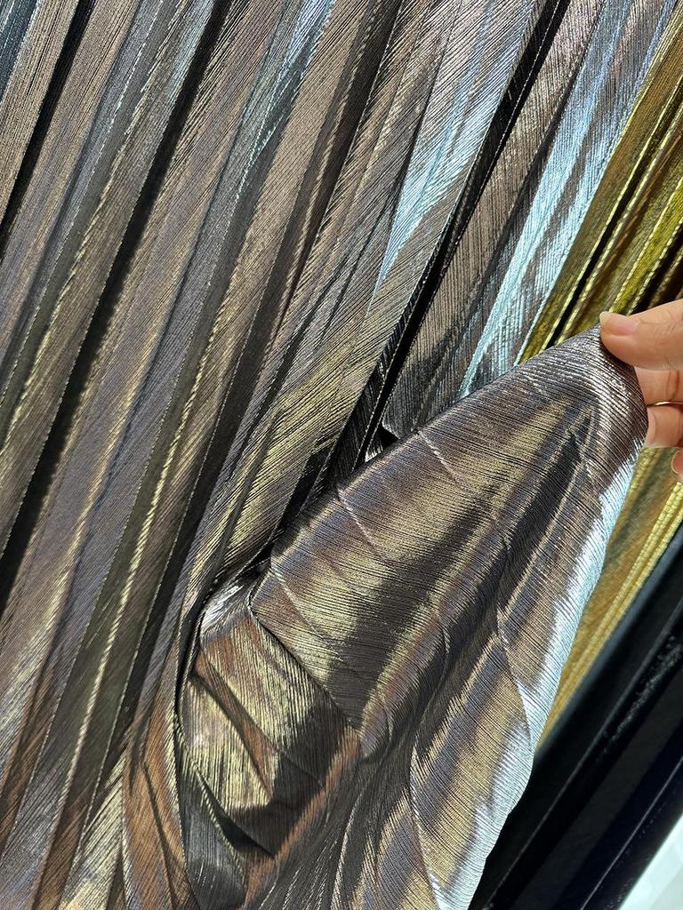 European Silk Metallic Pleated A-Line Skirt - Mid-Length Women's Drape Design