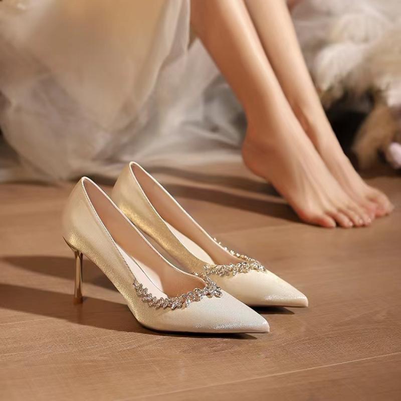 Fashion 2025 Women New Fine Heels Pointy French Temperament Rhinester Single Shoes Bridesmaids Wedding Shoes