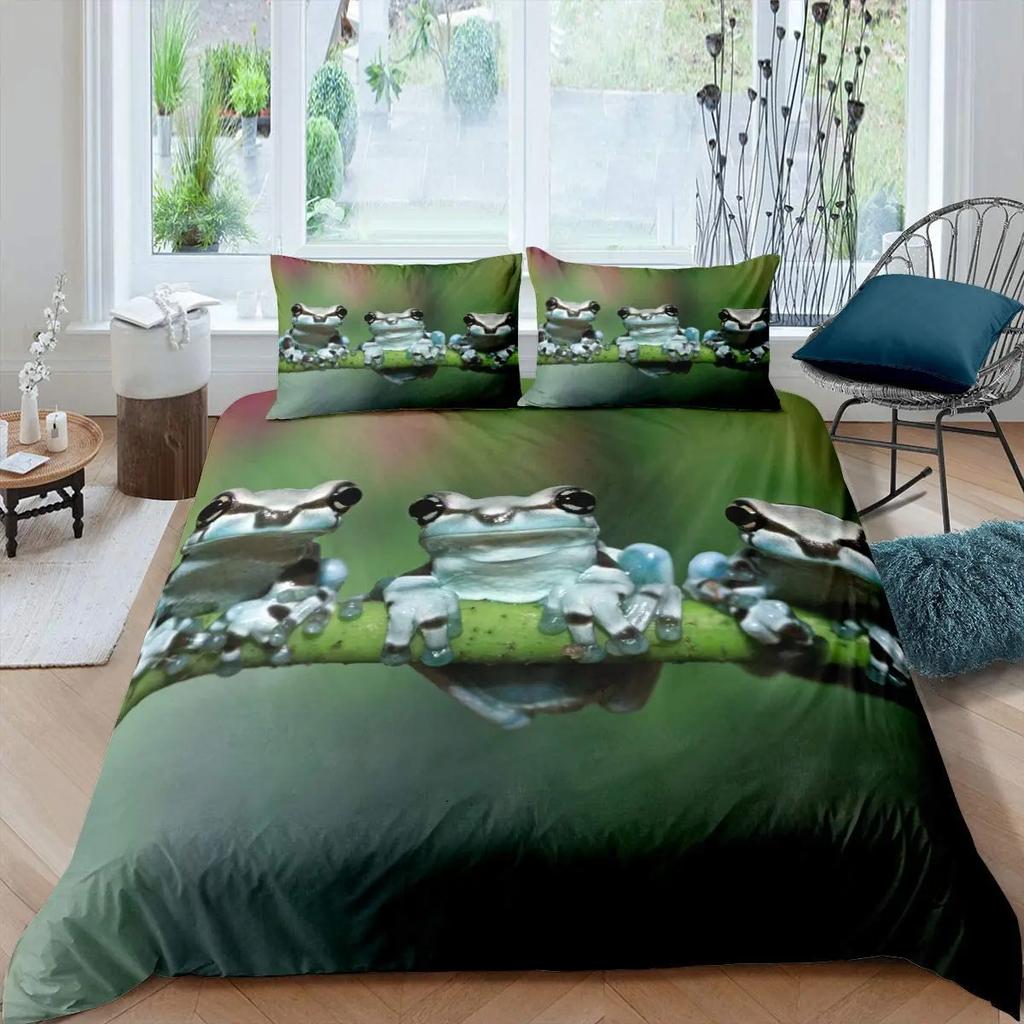 Frog Duvet Cover Set Cute Kawaii Cartoon Frog Pattern King Queen Size Polyester Comforter Cover With Pillowcase For Kids Girls