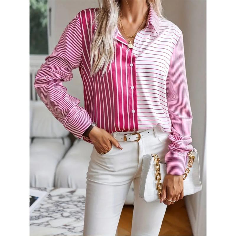 Elegant Black Striped Printed Long-sleeved Shirt For Women Fashion Lapel Button-down Shirt Temperament Office Cardigan