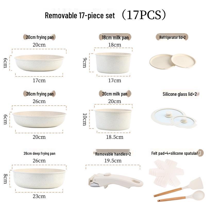 Detachable Handle Non-Stick Maifan Stone Cookware Set: Stir-Fry & Flat-Bottomed Pan for Induction Cookers.